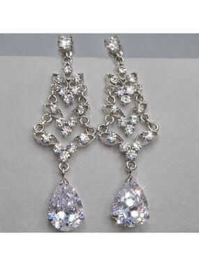 Cubic Zirconia CZ Silver-Tone Chandelier Drop Earrings Bridal Wedding Party